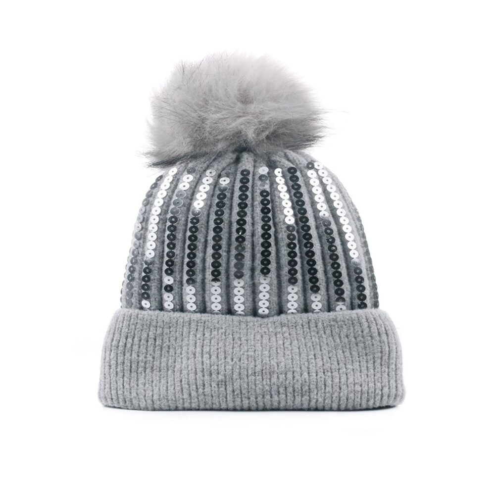 6637 Girls Winter Sequin Beanie Hat with Faux Fur Pom Pom Knit Skull Cap